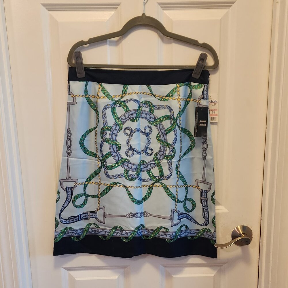 NWT H Tommy Hilfiger | 100% Chain Link Scarf Print Silk Skirt Blue Size 8